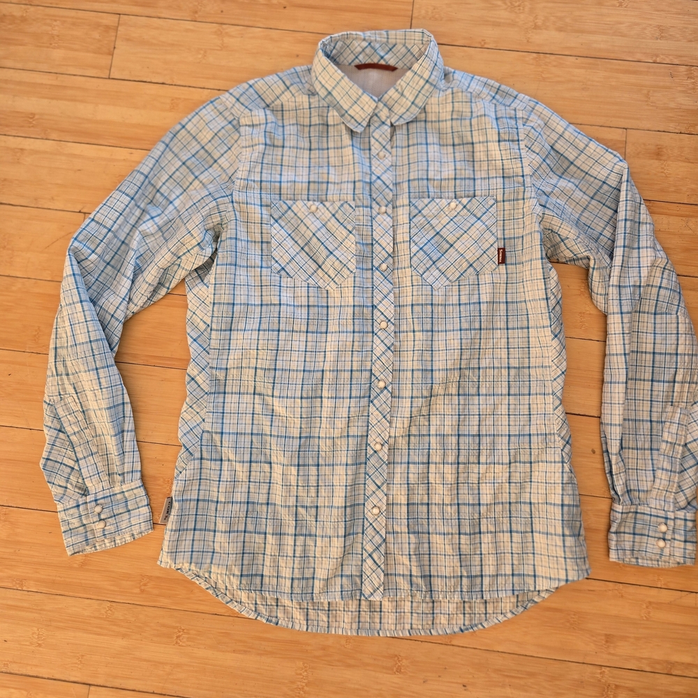 Simms Womens Blue Plaid Pearl Snap Button Down - Medium